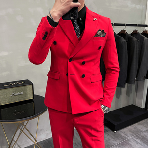 长期做不断货#韩版修身小西装 男双排扣西服套装 蓝色LJT100-P210图片