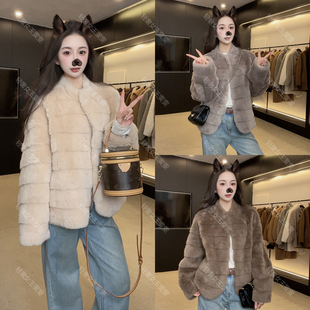 [李李] 炼金小姐 全羊毛横排剪花立领保暖羊羔毛外套