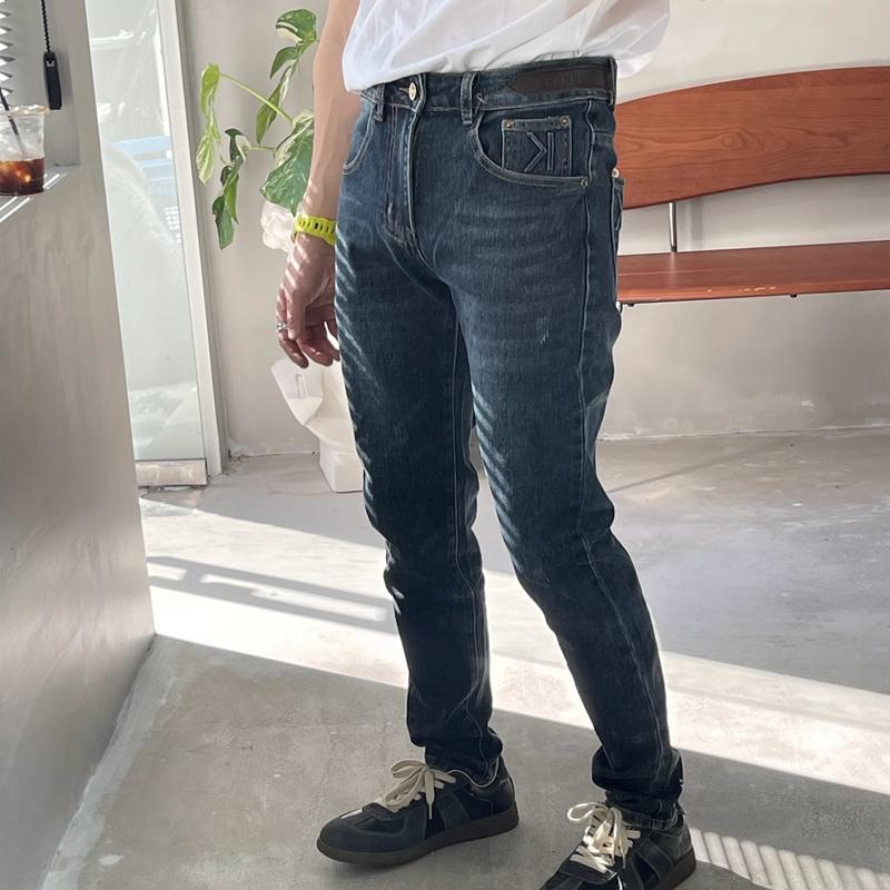 百搭秋冬新款口袋刺绣蓝色简约小脚修身直筒休闲春秋季长裤子