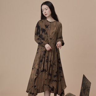 【闪购价】生姜 植物染文艺复古连衣裙宽松不规则长裙93101101A