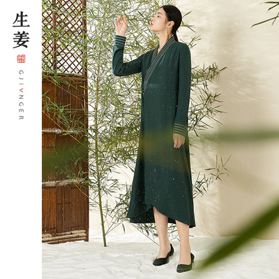 【闪购价】生姜原创春季文艺复古斜襟长款连衣裙外套11041510A