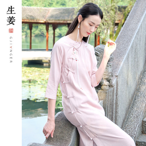 新中式斜襟设计连衣裙
