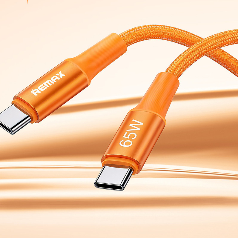 REMAX PD 65W编织数据线笔记本手机平板快充电线适用苹果15/16双向安卓TYPE-C闪充USB-C传输线便携户外橙色线