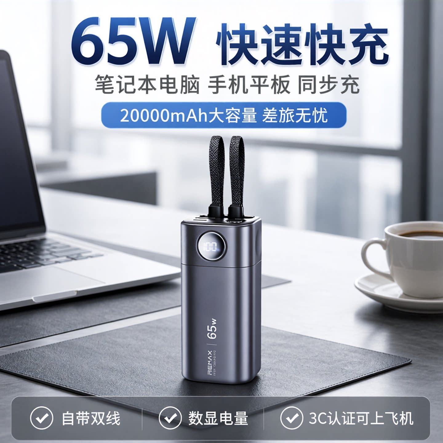 REMAX自带双快充线65W笔记本充电
