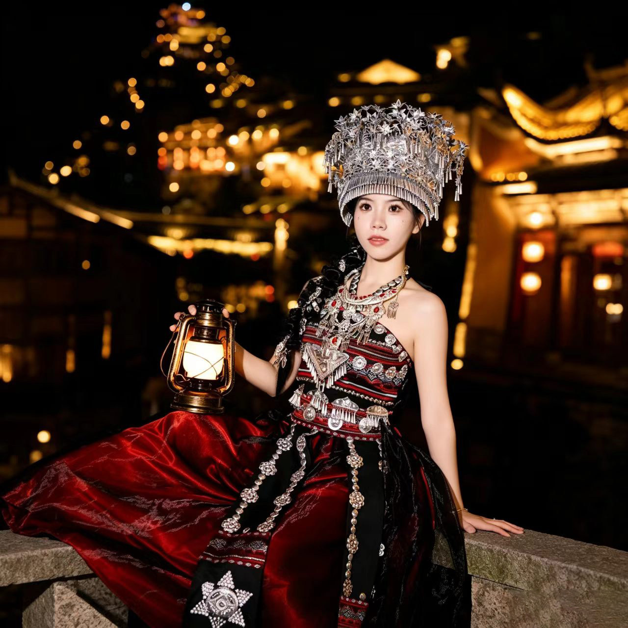 红色苗疆少女服装民族服装民族风写真摄影舞蹈演出服古风苗疆公主