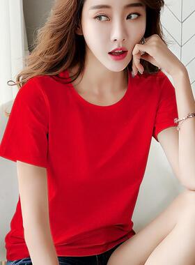 大红色T恤女超火cec短袖宽松纯棉2025新款春夏大码短款纯色白上衣