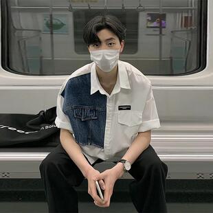 牛仔拼接撞色短袖翻领衬衫男款高级设计感小众衬衣潮牌七分袖外套