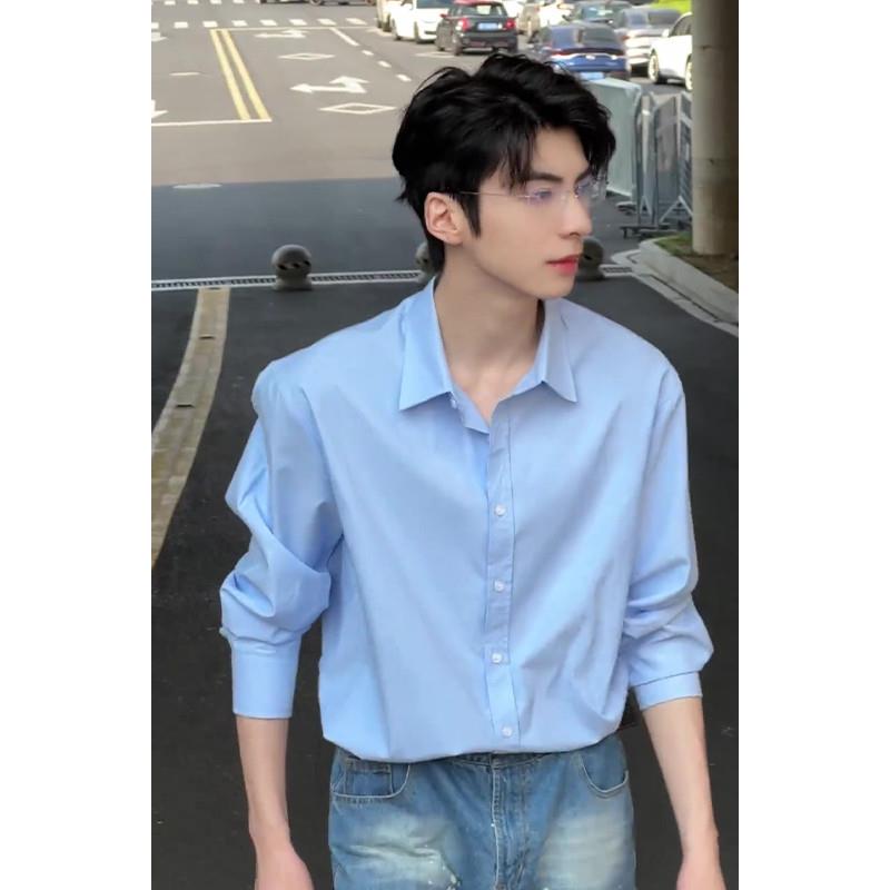 天蓝色冰丝衬衫男长袖薄款高级垂感浅蓝色系男生夏季穿搭衬衣外套