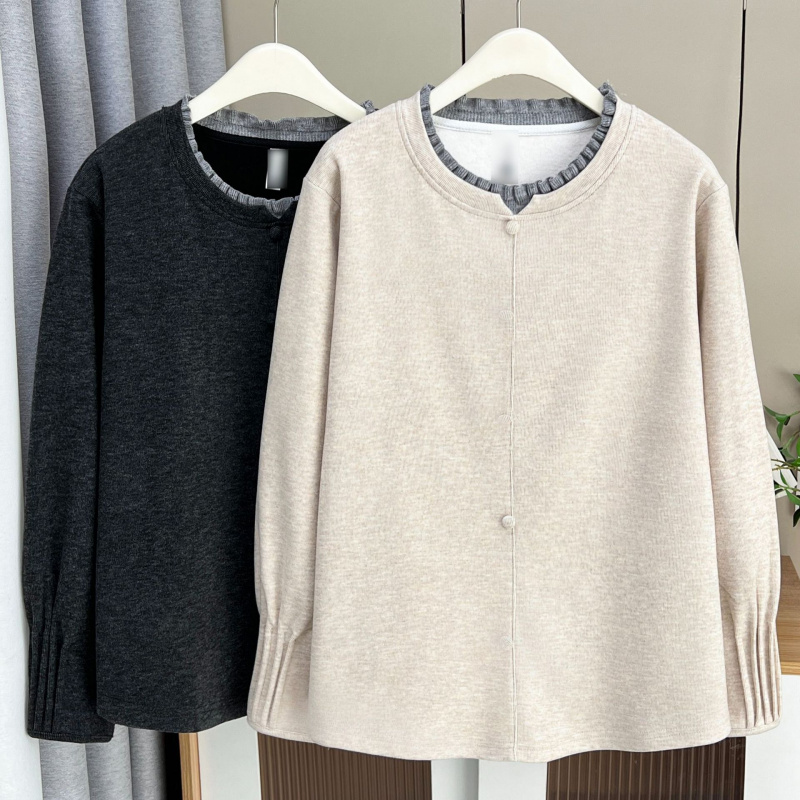 大码打底衫女200斤秋冬新款拼色木耳边宽松显瘦胖mm内搭长袖上衣