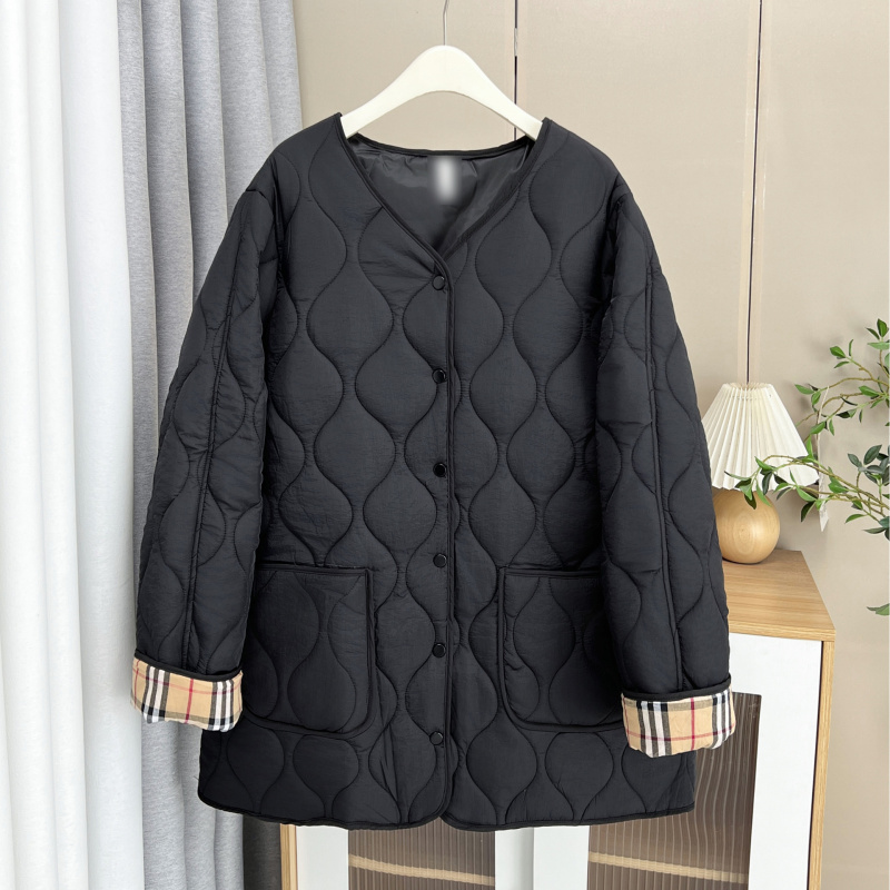 240斤胖妹妹秋冬新款大码圆领中长款格子袖口轻薄棉衣保暖棉服女