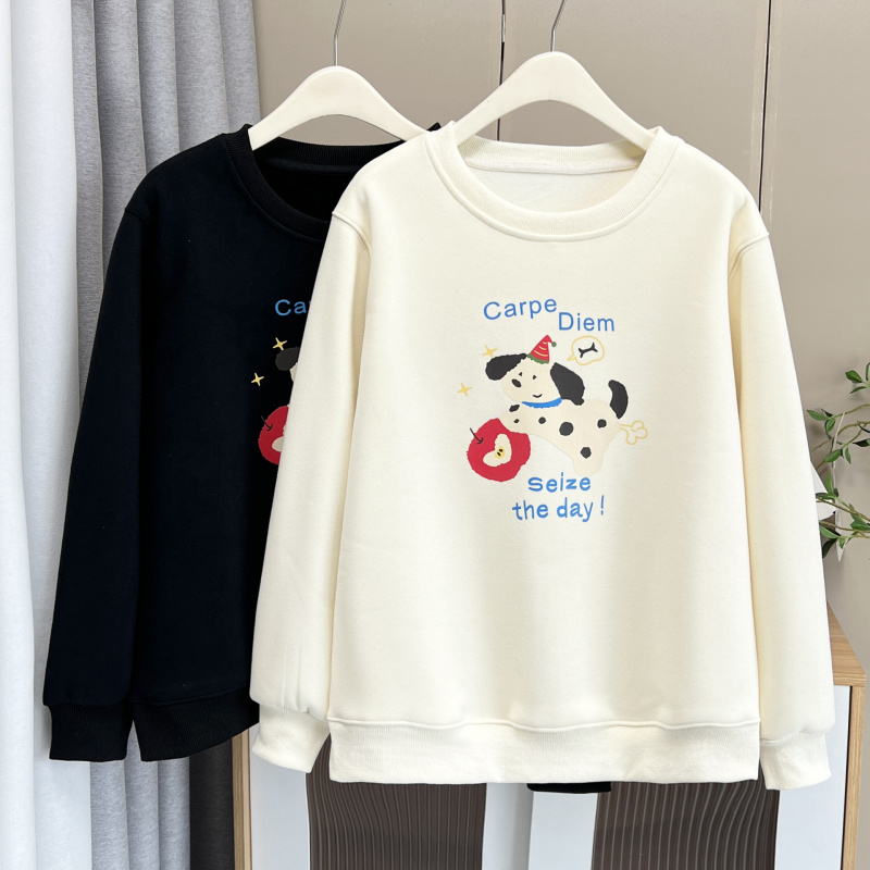 大码女冬季韩版减龄加绒加厚印花卡通小狗圆领卫衣胖妹妹洋气上衣