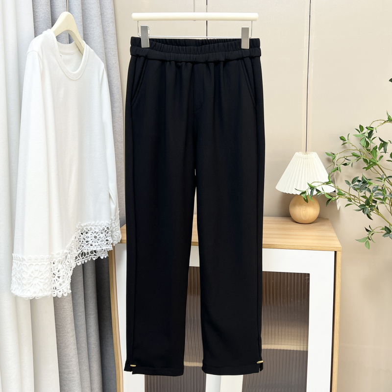 大码200斤胖妹妹秋冬新款简约裤脚开叉加绒烟管裤大码休闲九分裤