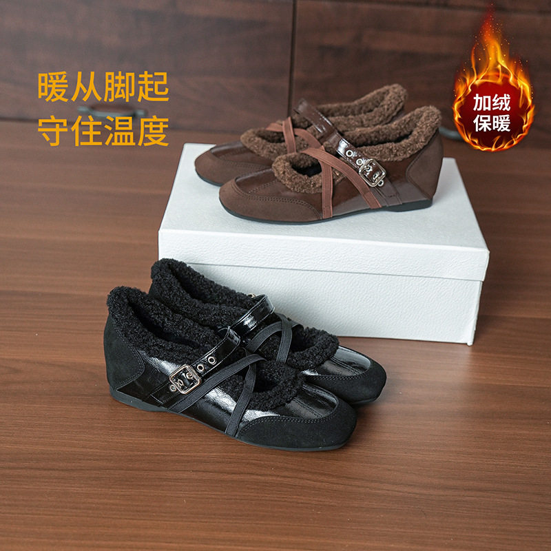 致流年398-A3内增高玛丽珍鞋冬季新款交叉绑带保暖复古单鞋加绒鞋