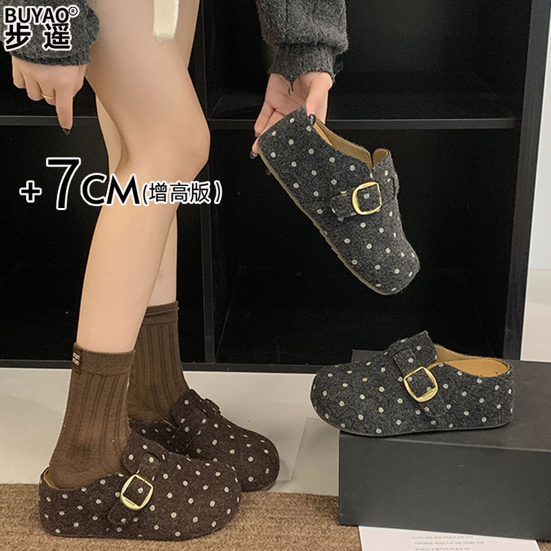 7cm厚底内增高小个子勃肯鞋子女鞋一脚蹬穆勒单鞋外穿包头半拖鞋图片