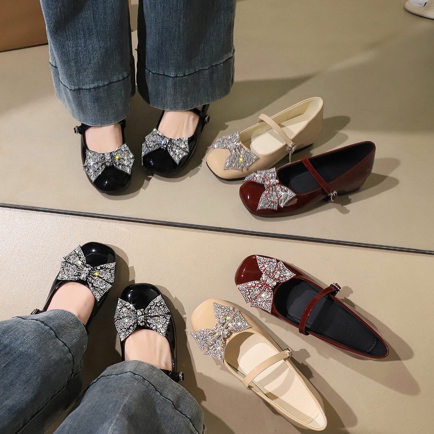 839-H118法式风圆头水钻蝴蝶结装饰浅口一字带内增高漆皮单鞋女鞋