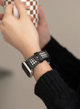 适用iwatch7表带apple watch6代苹果手表54321/se真皮拼千鸟格纹个性皮质表带帆布黑色印花创意40/44/41/45mm