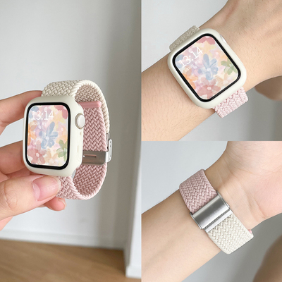 适用iwatchS10表带苹果手表ApplewatchS9/8/7/6/SE2代尼龙编织夏天透气女生磁吸扣42/46mm女款回环卡扣式腕带