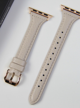 适用iwatch7表带苹果手表applewatch6小蛮腰荔枝纹真皮表带细款5代432/se皮质40/41/44/45mm女生款小众高级感