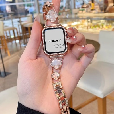 适用iwatch9表带苹果手表s8四叶草贝母apple watch7小香风不锈钢金属654代高级感se金属细款链条女款透气夏天