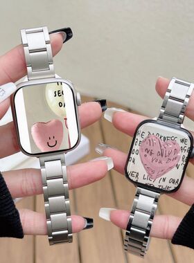 适用iwatch8苹果手表apple watch7不锈钢金属表带s654代se新细三株链条式钢带小众高级感夏季41/45mm女款透气