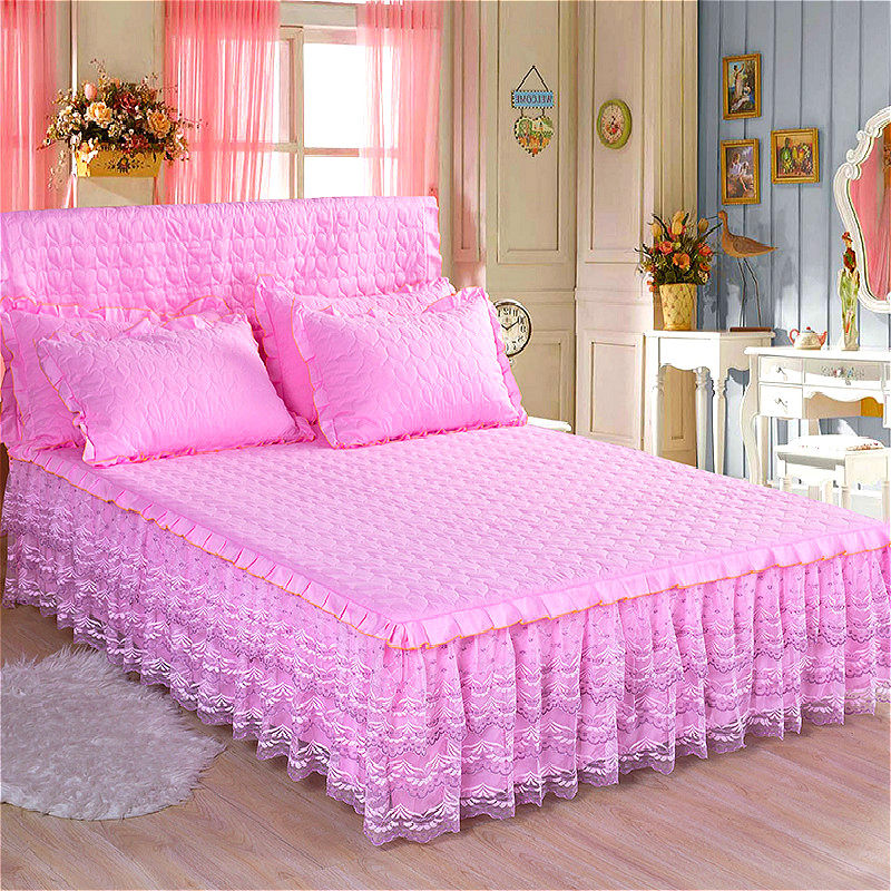 纯棉床罩床裙蕾丝夹棉加厚防滑床套三件套1.8m1.5m2.0全棉四件套