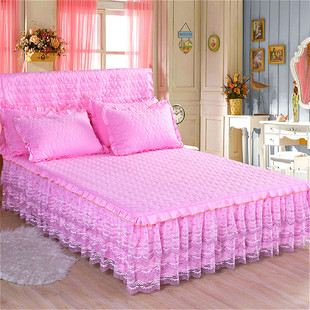 纯棉床罩床裙蕾丝夹棉加厚防滑床套三件套1.8m1.5m2.0全棉四件套