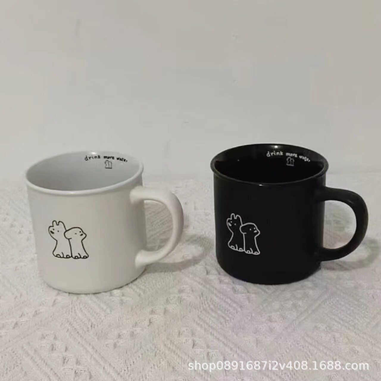 自制磨砂小黑杯小狗马克杯黑色白色咖啡杯小众水杯情侣杯320ml