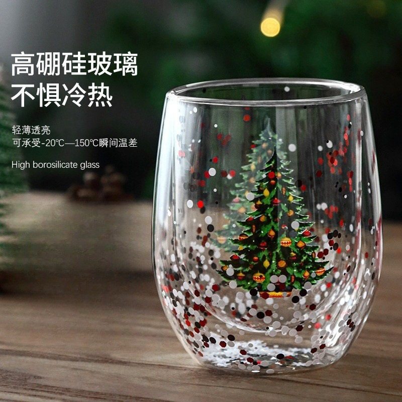 创意流动亮片双层玻璃圣诞树杯