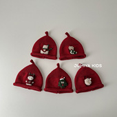 婴儿毛线帽冬季 加厚红色奶嘴帽小月龄保暖针织套头帽宝宝圣诞帽潮