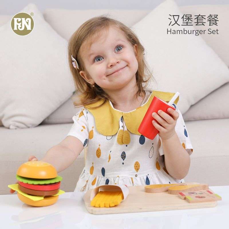 儿童仿真木质过家家玩具汉堡薯条厨房美食物模型套餐男女孩礼物