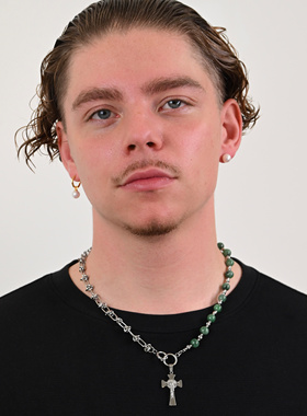 WY春夏新款AB项链翡翠拼接钛钢十字架中性情侣款原创设计高级感