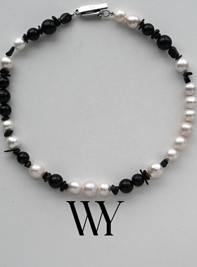 WY新款原创设计黑玛瑙金运石天然淡水珍珠项链男女同款个性小众
