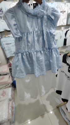 两件上衣+裤女童夏季新款韩版休闲甜美减龄气质小个子花边领短袖
