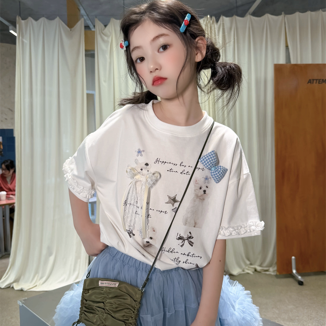 女童短袖T恤2026新款夏装儿童蝴蝶结上衣小女孩洋气童装小猫咪