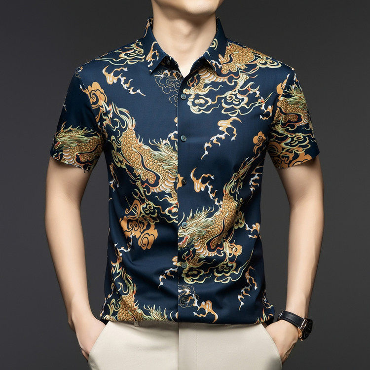 父亲节冰丝花衬衫男士短袖2025年夏季薄款中青年免烫无痕垂感衬衣