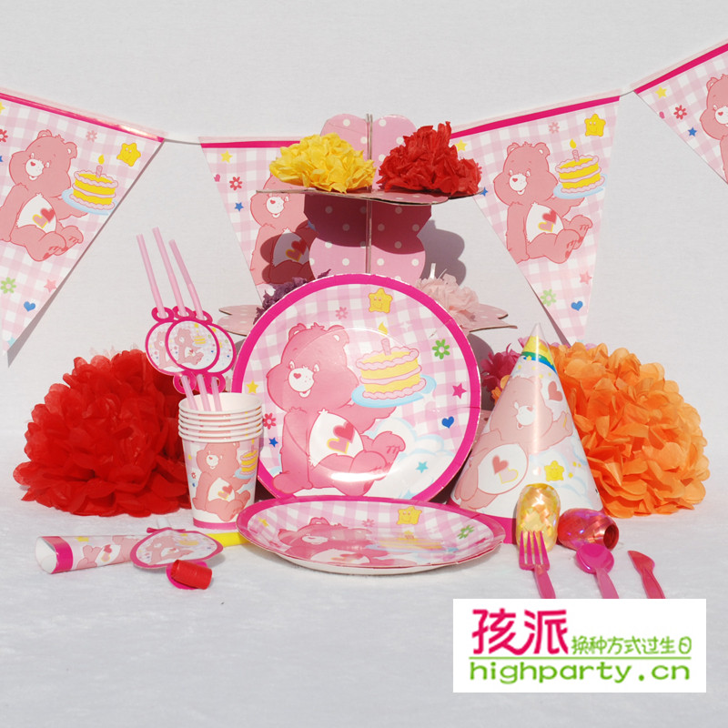 儿童可爱小熊粉熊主题派对帽一次性餐具纸杯女孩生日餐桌装饰套装