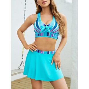 Blue Waist Print Bikini High Skirt Swimsuit 2022 Women New