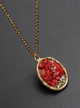 欧美风红色石子水晶宝石项链女