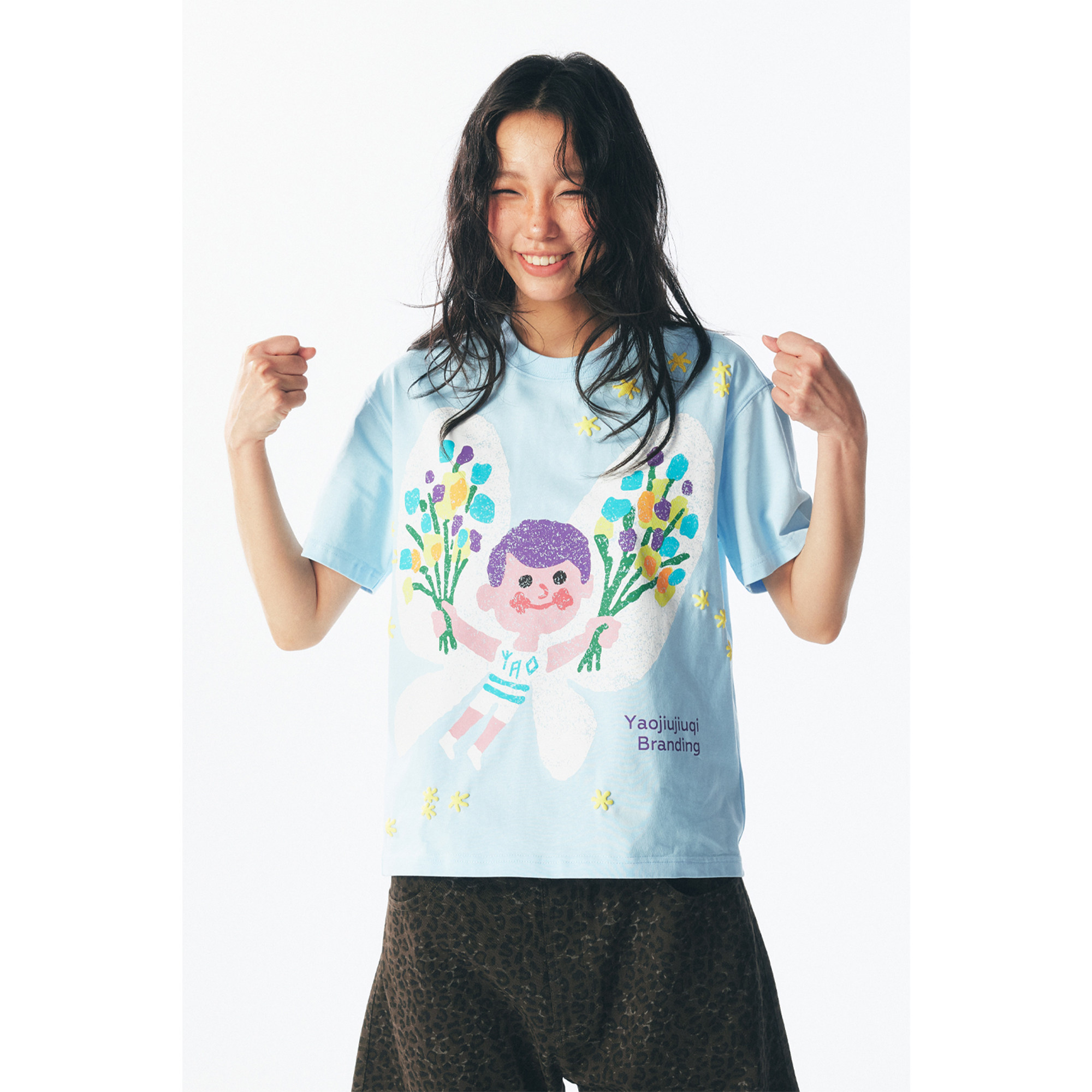 药九玖柒 &ldquo;蝴蝶男孩&rdquo;龟裂纹发泡星星男女短袖T恤/1997邮政局