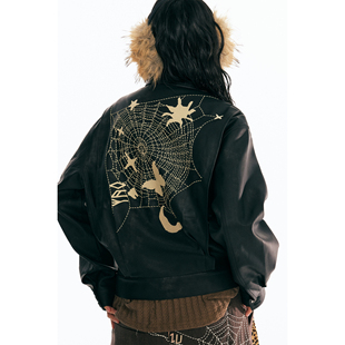 机车夹克皮衣 药九玖柒 复古短款 做旧猎装 1997邮政局 捕梦网