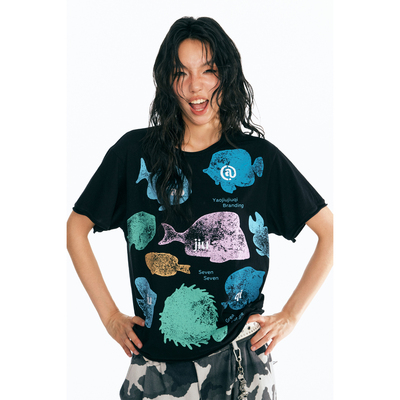 药九玖柒 “水族馆”鲸系拓印做旧印花短袖T恤190G/1997邮政局