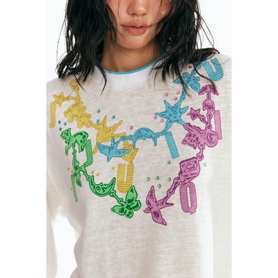 药九玖柒“万象”手绘印花水钻长袖T恤/1997邮政局