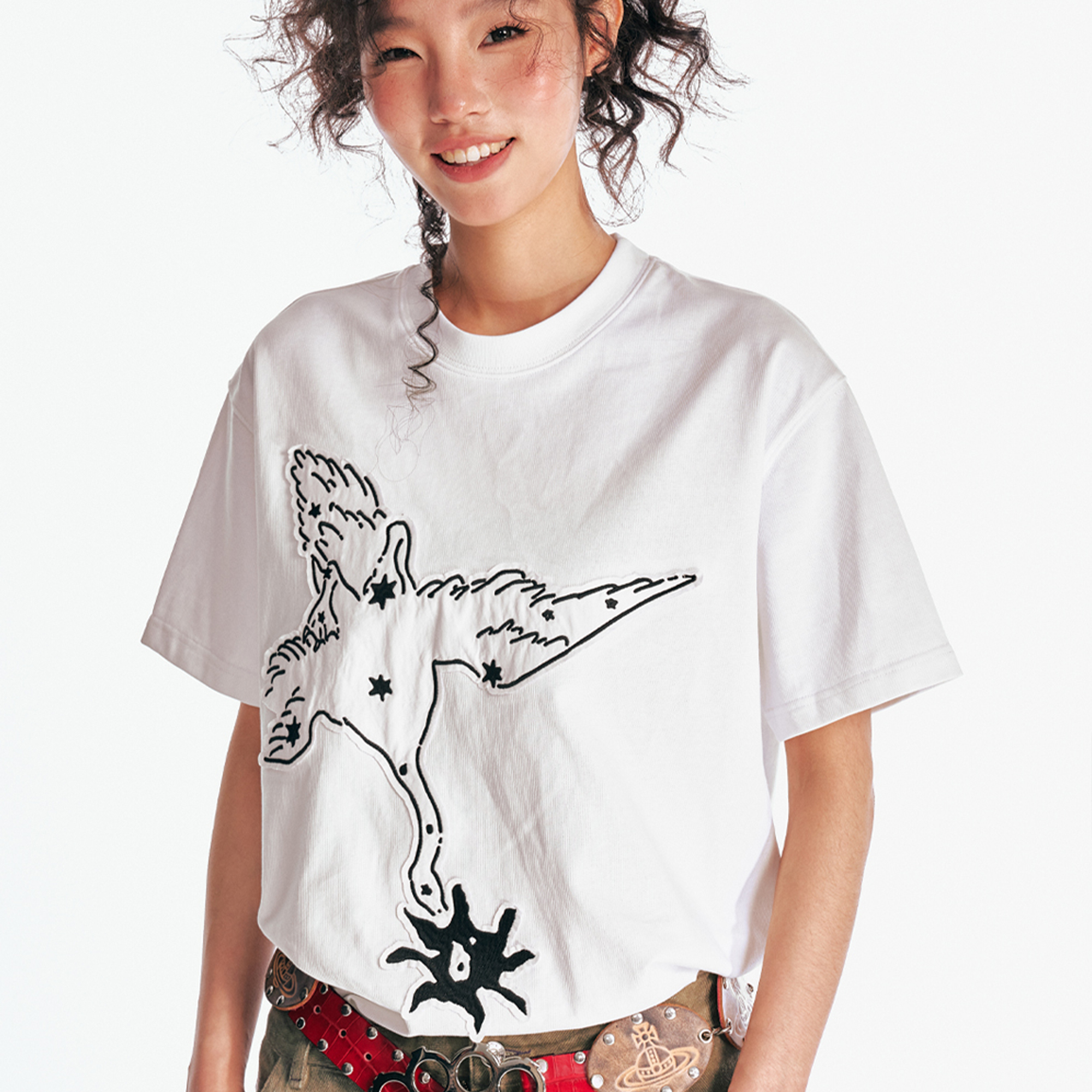 药九玖柒“衔鹤飞花”贴布绣印花男女tee纯棉T恤短袖/1997邮政局