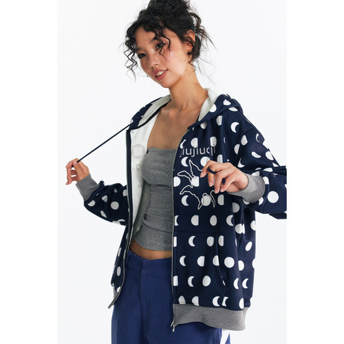 药九玖柒“皓月”波点拉链复古满印开衫卫衣/1997邮政局