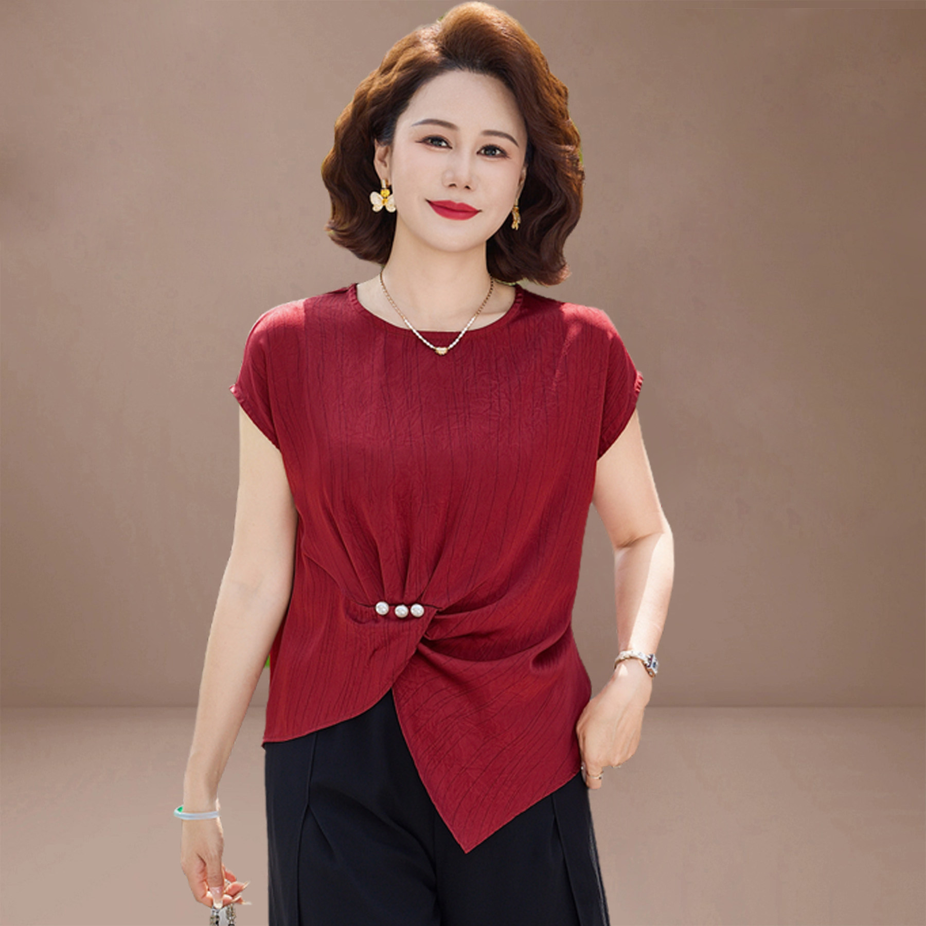 中年妈妈夏装端庄大气雪纺衬衫套装中老年女装夏季短袖上衣两件套