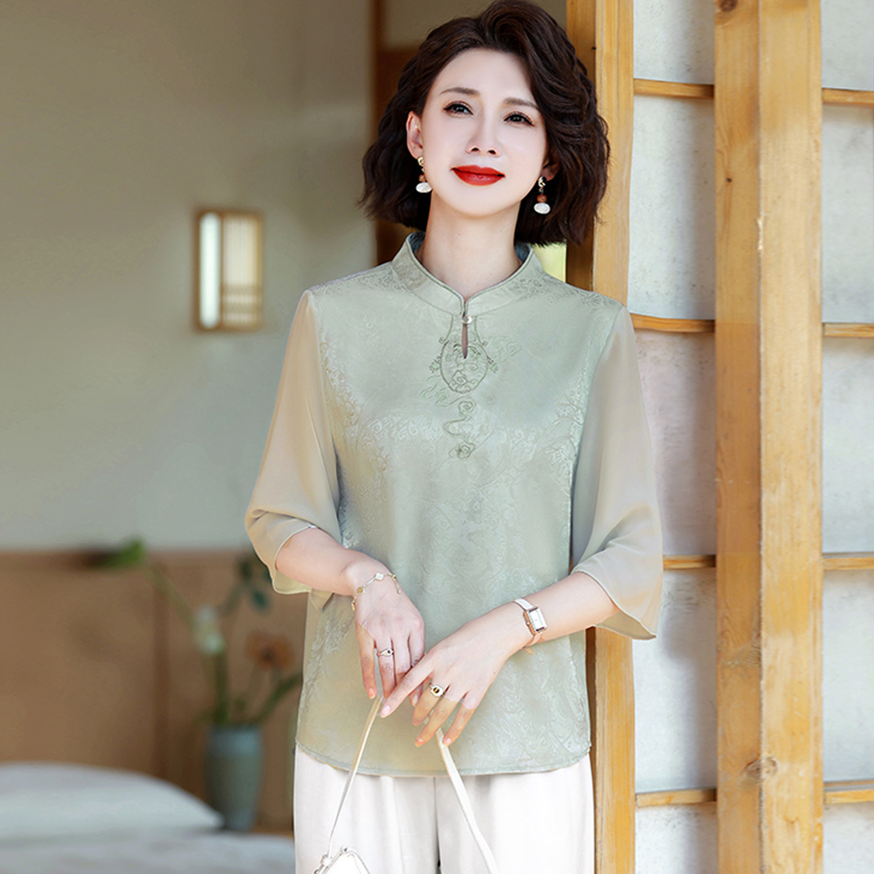 新中式妈妈夏装雪纺衬衫上衣新款短袖时尚中老年女装国风小衫套装