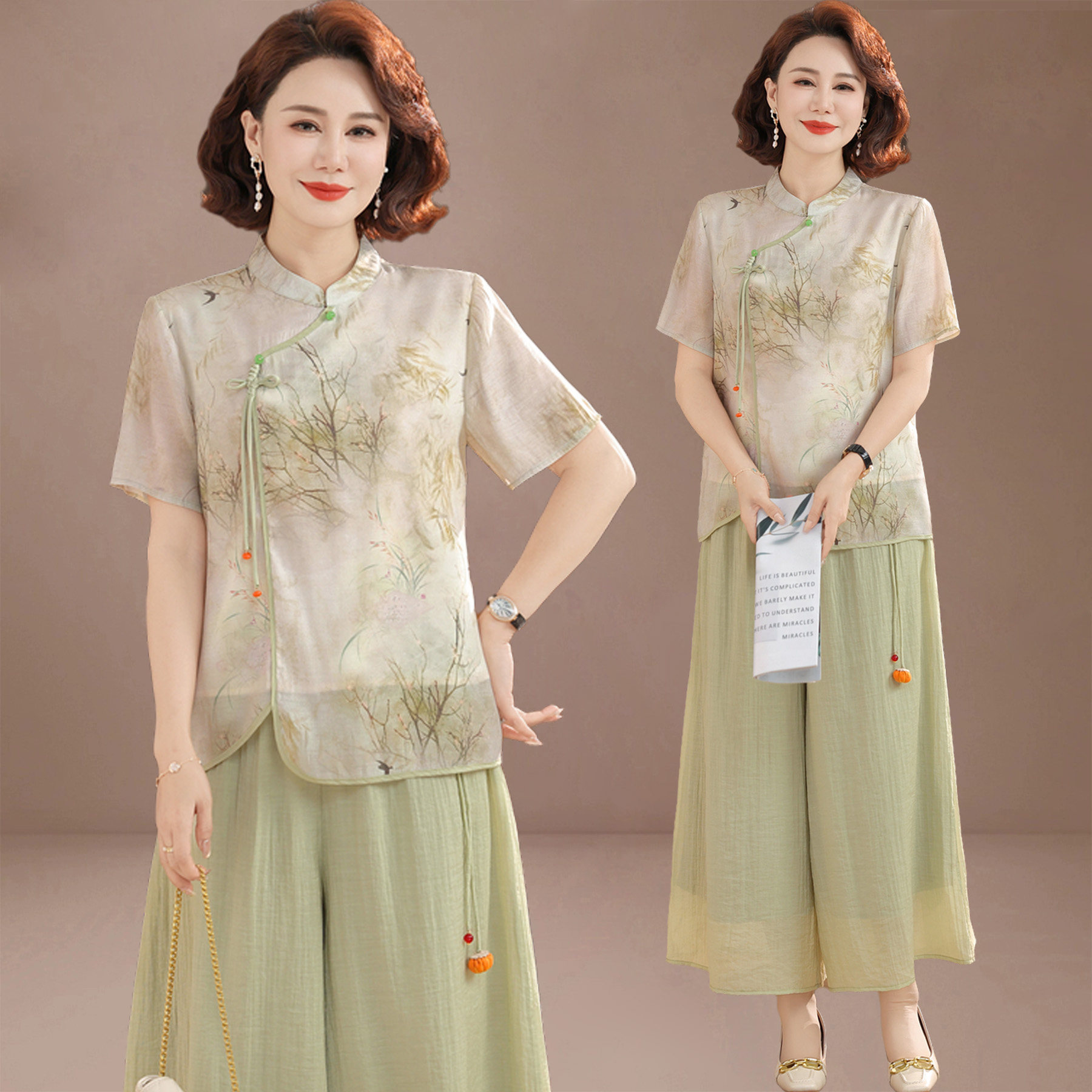 新中式妈妈夏装套装2026新款中老年女装夏季裙裤雪纺衫国风上衣服