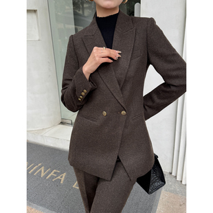 2025冬季厚款保暖羊毛呢子职业西装套装直筒裤裤西装显瘦正装西服