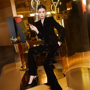 秋冬高级感明星奚梦瑶同款黑色丝绒西装套装女职业正装西服两件套