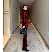 酒红色金丝绒西装 外套喇叭裤 西服时尚 24欧美春秋冬新款 气质套装 女
